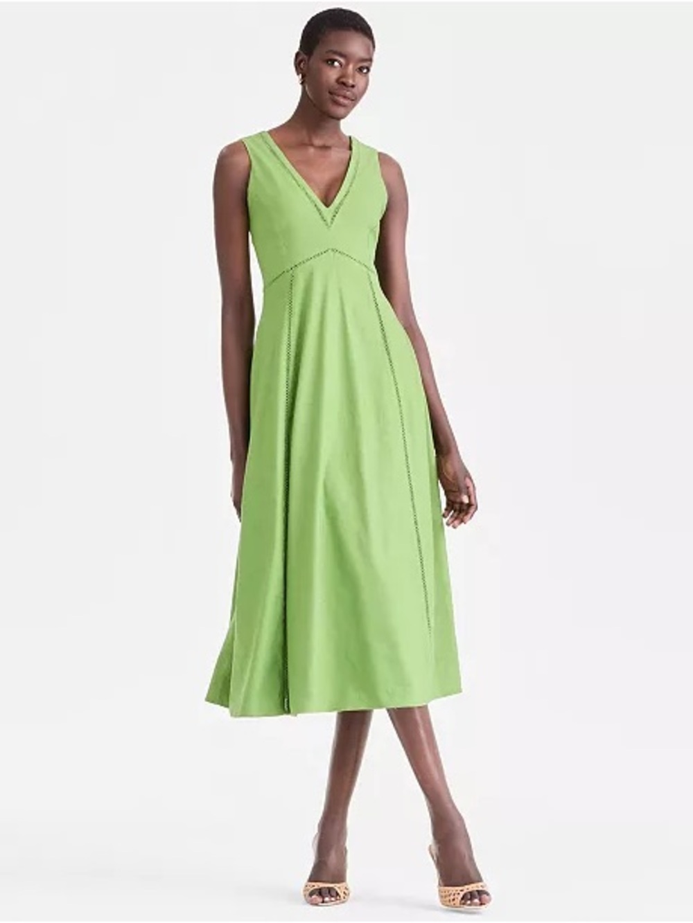 INC LINEN BLEND V NECKLINE MIDI DRESS SZ LARGE IN FRESH BASIL NWT $134